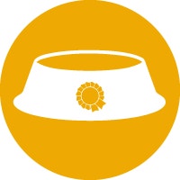 Ícono amarillo de un cuenco de comida para perros, simbolizando la ayuda alimentaria brindada.