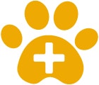Ícono amarillo de una huella de perro con una cruz médica, representando el cuidado de la salud y la higiene de las mascotas.