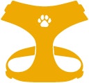 Ícono amarillo de un arnés para perros, representando comodidad y control en los paseos.