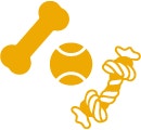 Ícono amarillo de huesos y una pelota, simbolizando juguetes para entrenamiento y diversión.
