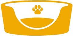 Ícono amarillo de una cama para perros, representando un lugar cómodo para el descanso de tu mascota.