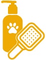 Ícono amarillo de un frasco de shampoo y un cepillo, representando artículos para el cuidado y limpieza de los perros.
