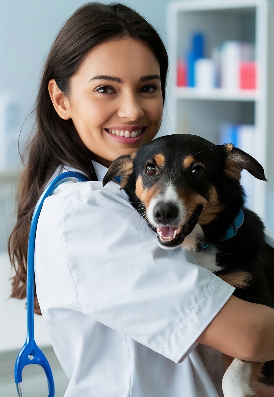Veterinaria sonriente cargando a un perro de raza mediana, destacando los beneficios de la esterilización.