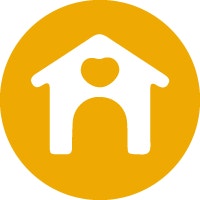 Ícono amarillo de una casa con un corazón, representando la adopción responsable.