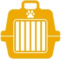 Ícono amarillo de una transportadora, simbolizando seguridad y comodidad al transportar a tu perro.