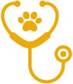 Ícono amarillo de un estetoscopio con una huella de perro en el centro
